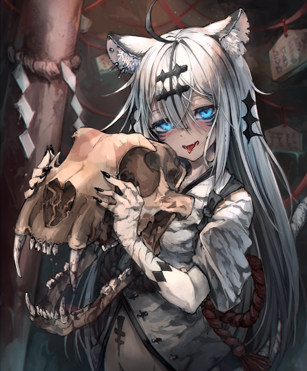 1girl ahoge animal_ear_fluff animal_ears blue_eyes ear_piercing earrings facial_mark fangs fingernails hair_between_eyes highres jewelry kajaneko long_hair looking_at_viewer navel open_mouth original piercing sharp_fingernails silver_hair skull solo tongue tongue_out upper_body