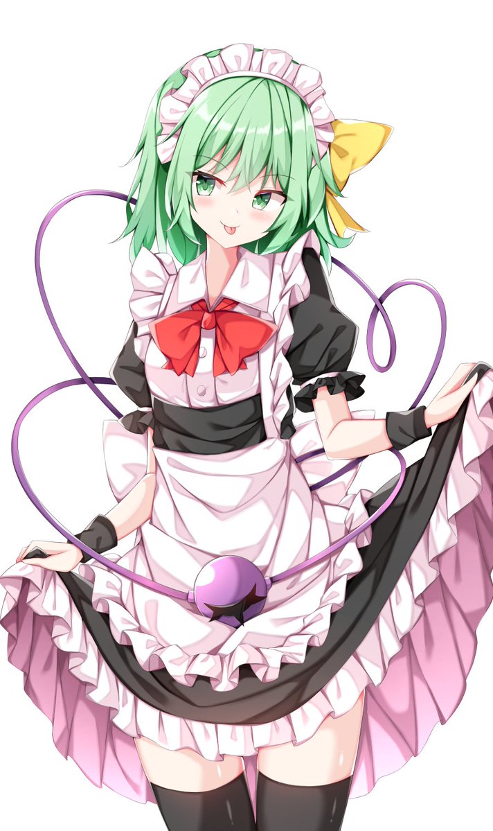 1girl alternate_costume apron bangs black_dress black_legwear black_wristband blush breasts buttons collared_dress commentary_request cowboy_shot dress enmaided eyeball feet_out_of_frame frilled_apron frilled_dress frilled_sleeves frills green_eyes green_hair hair_ribbon headband headdress heart heart_of_string komeiji_koishi kuraaken lifted_by_self maid maid_apron maid_headdress medium_breasts neck_ribbon puffy_short_sleeves puffy_sleeves red_ribbon ribbon shiny shiny_hair short_hair short_sleeves simple_background solo standing thigh-highs thighs third_eye tongue tongue_out touhou waist_apron white_apron white_background wing_collar wrist_cuffs yellow_ribbon