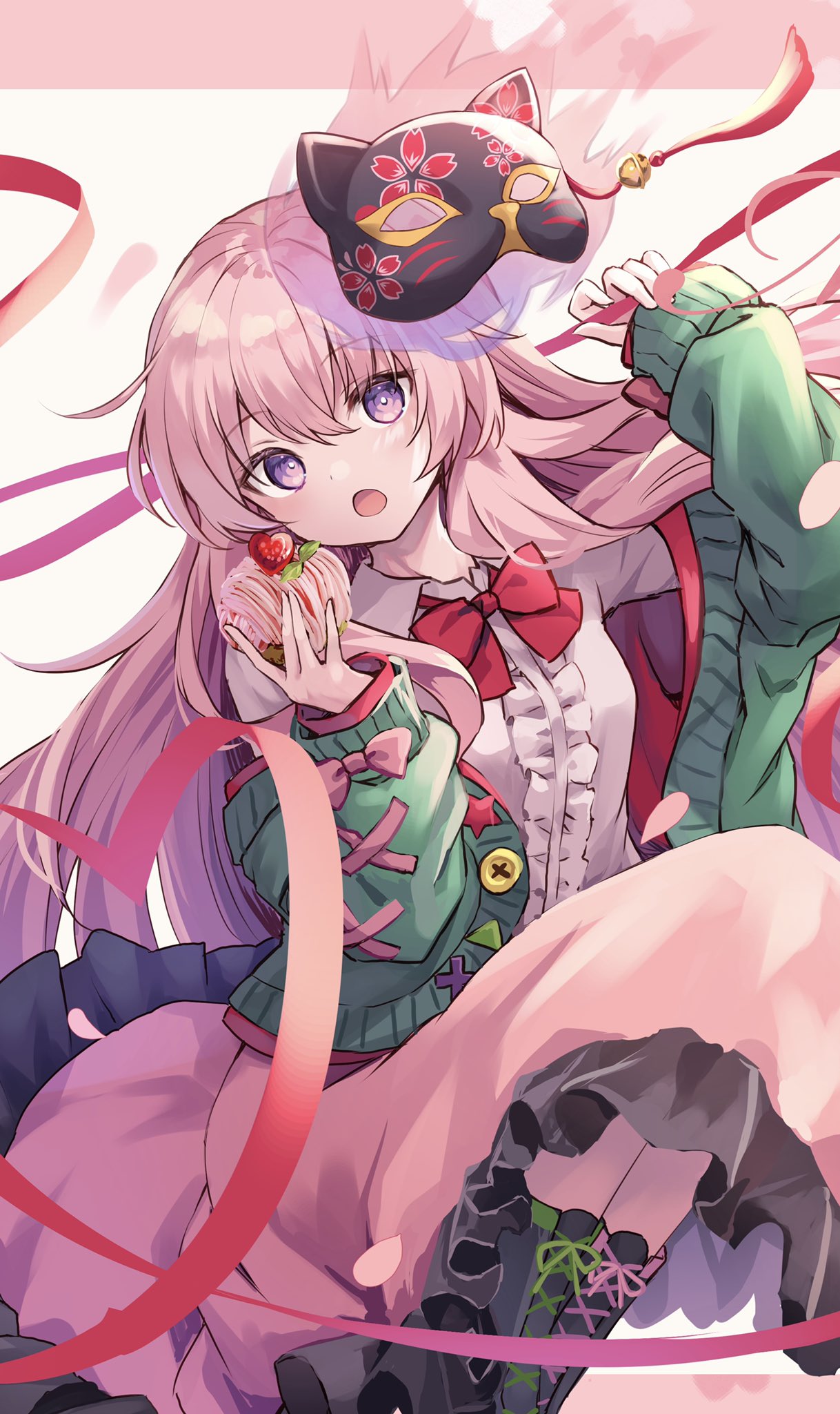 1girl \||/ alternate_costume aura bangs blush bow buttons center_frills commentary_request cross-laced_footwear dessert eyelashes floating floating_object food fox_mask frills green_sweater hair_between_eyes hata_no_kokoro highres holding holding_food holding_rope kure~pu long_sleeves mask open_mouth pink_eyes pink_hair pink_skirt red_bow red_ribbon red_rope ribbon rope shirt skirt solo sweater touhou white_shirt
