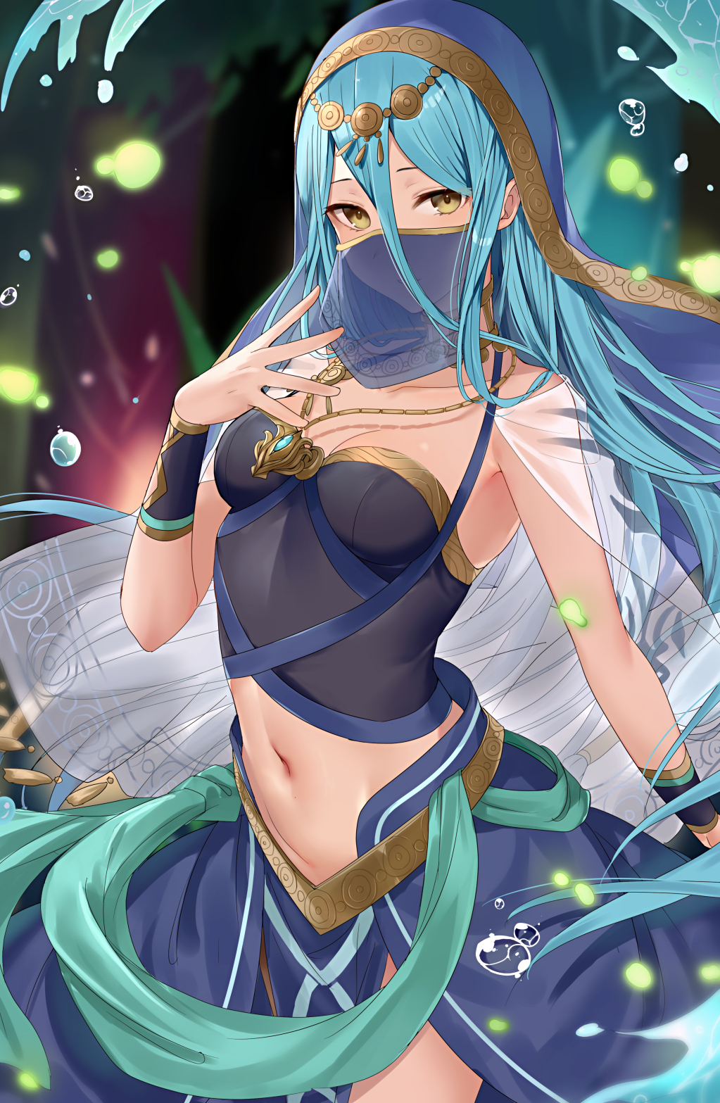 1girl azura_(fire_emblem) blue_hair blue_shirt blue_skirt circlet cowboy_shot crop_top dancer fire_emblem fire_emblem_fates fire_emblem_heroes floating_hair gold hand_up haru_(nakajou-28) highres jewelry long_hair looking_at_viewer midriff mouth_veil navel necklace official_alternate_costume shirt skirt solo veil very_long_hair water_drop wrist_cuffs yellow_eyes