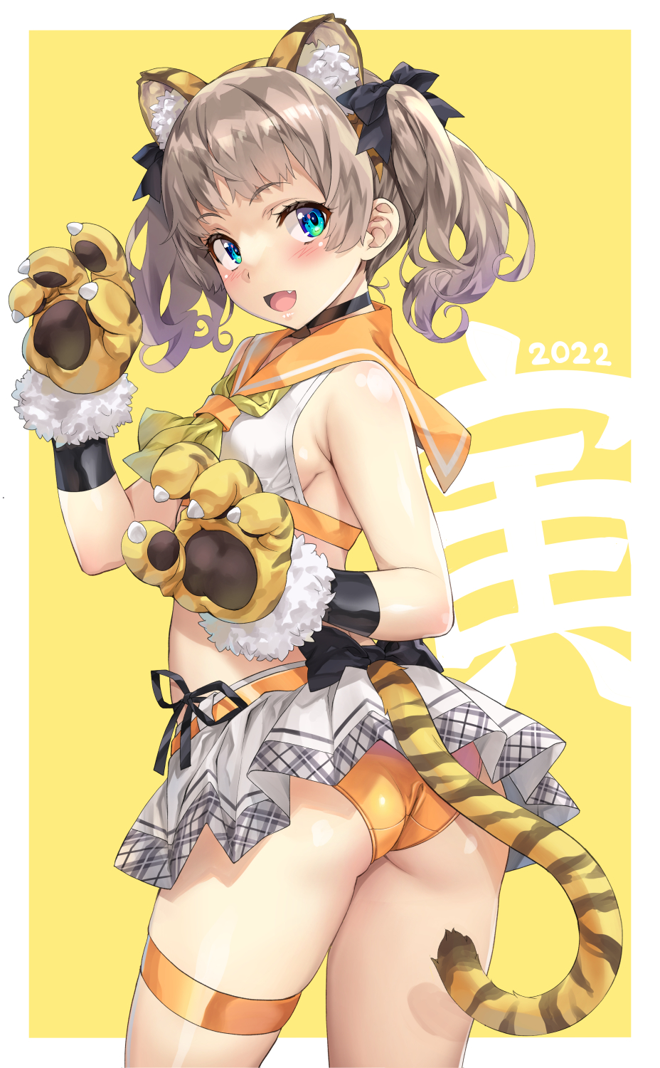 1girl 2022 animal_ears animal_hands ass bangs bikini black_choker black_ribbon blue_eyes border brown_hair chinese_zodiac choker claw_pose commentary crotch_seam fake_animal_ears fake_tail fang from_side gloves grey_skirt hair_ribbon highres kanji looking_at_viewer medium_hair microskirt mismatched_bikini nagayori neckerchief new_year open_mouth orange_sailor_collar original outside_border paw_gloves pleated_skirt print_gloves ribbon sailor_bikini sailor_collar simple_background skirt sleeveless smile solo standing swimsuit tail thigh_strap tiger_ears tiger_tail twintails white_border year_of_the_tiger yellow_background yellow_gloves yellow_neckerchief