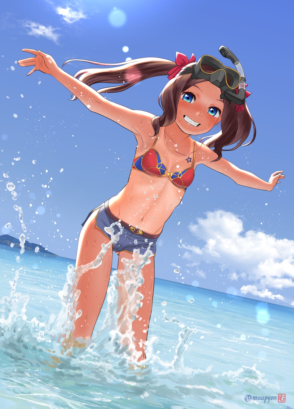 1girl artist_logo ass_visible_through_thighs bangs bikini blue_eyes blue_shorts blue_sky breasts brown_hair clouds commentary_request day diving_mask dutch_angle fate/grand_order fate_(series) forehead goggles grin highres horizon leonardo_da_vinci_(fate) leonardo_da_vinci_(swimsuit_ruler)_(fate) long_hair looking_at_viewer mismatched_bikini mu-pyon ocean outdoors parted_bangs red_bikini short_shorts shorts sky small_breasts smile snorkel solo splashing swimsuit tan tanlines twitter_username wading