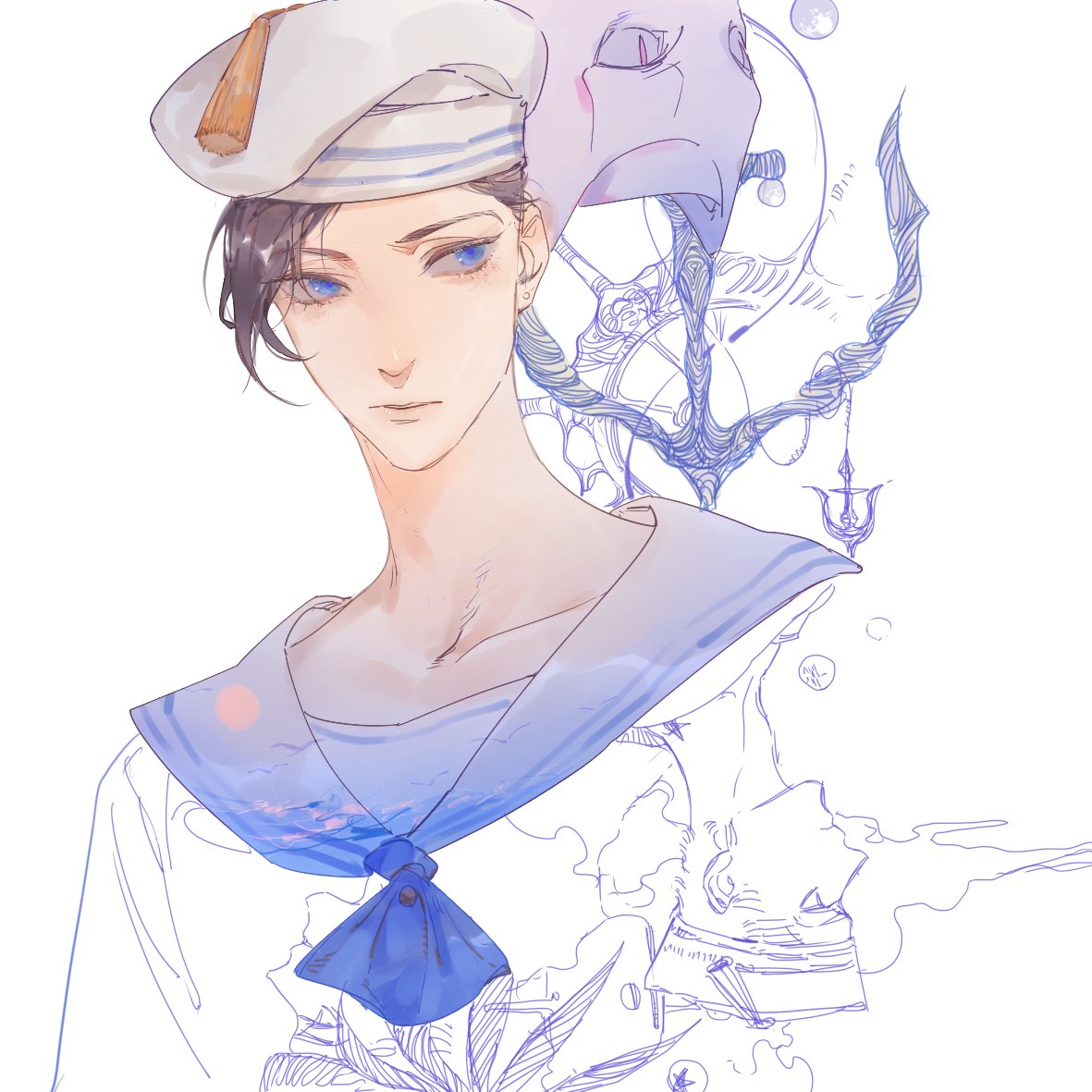 1boy anchor animal_ears black_hair blue_eyes cat_ears hat jojo_no_kimyou_na_bouken jojolion killer_queen kira_yoshikage_(jojolion) male_focus mitus portrait sailor sailor_collar sailor_hat stand_(jojo)