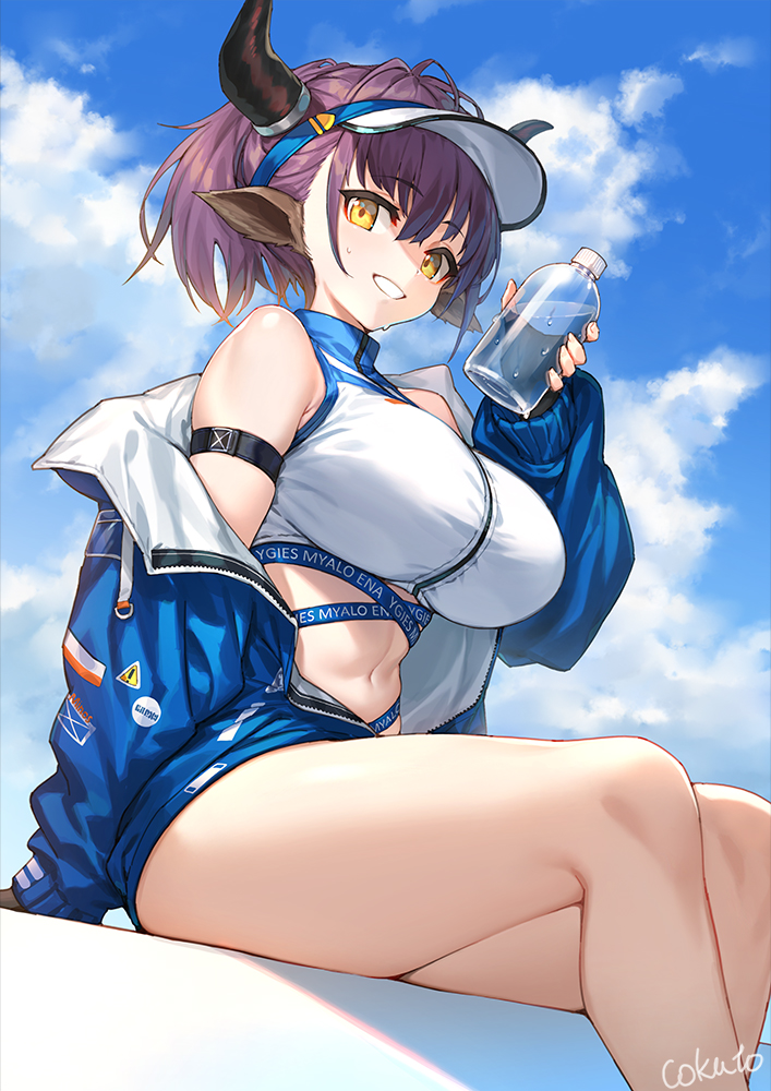 1girl :d animal_ears arknights arm_strap artist_name bangs bare_legs bare_shoulders bikini bikini_under_clothes blue_jacket blue_sky blush bottle breasts clothes_writing cokuto1 cow_ears cow_girl cow_horns day eyebrows_visible_through_hair feet_out_of_frame grin holding holding_bottle horns jacket large_breasts long_sleeves looking_at_viewer off_shoulder official_alternate_costume open_clothes open_jacket outdoors parted_lips purple_hair short_hair sideroca_(arknights) sideroca_(light_breeze)_(arknights) signature sitting skindentation sky smile solo swimsuit teeth thighs visor_cap water water_bottle white_bikini white_headwear yellow_eyes