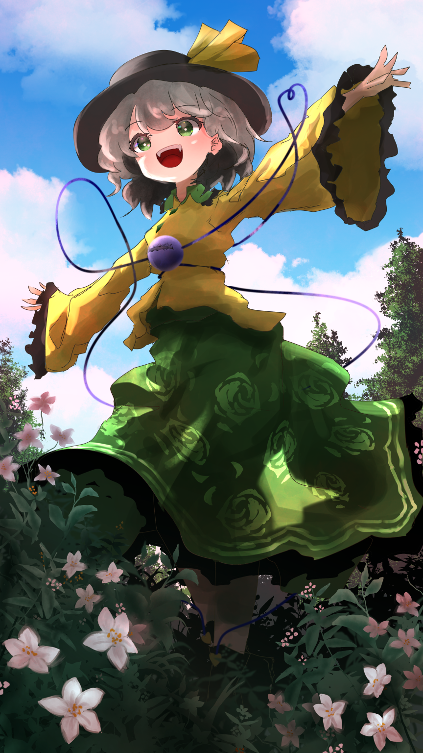 1girl bangs black_headwear blue_sky eyebrows_visible_through_hair field floral_print flower flower_field green_eyes green_skirt grey_hair hat hat_ribbon heart heart_of_string highres komeiji_koishi long_sleeves nanahana_nanana open_mouth outdoors outstretched_arms ribbon rose_print shirt short_hair skirt sky smile solo teeth third_eye touhou tree wide_sleeves yellow_ribbon yellow_shirt