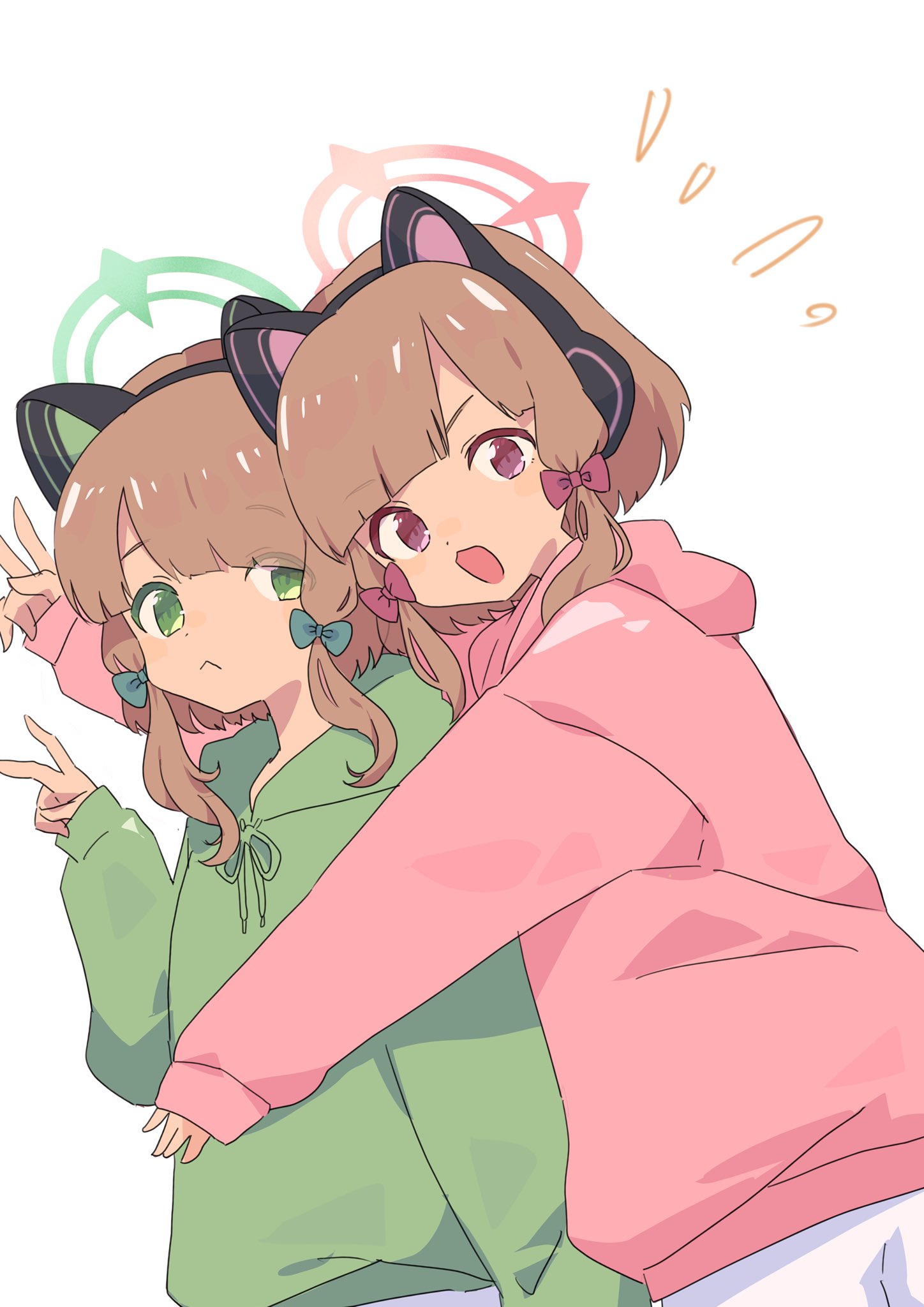 2girls bangs blue_archive bow cat_ear_headphones green_bow green_eyes green_hoodie hair_bow hair_ornament halo headphones highres hood hoodie midori_(blue_archive) momoi_(blue_archive) multiple_girls orange_hair pink_bow pink_eyes pink_hoodie siblings simple_background todatanoto twins v white_background