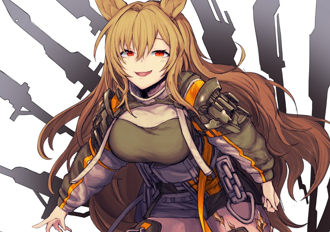 1girl animal_ears arknights bangs breasts brown_hair ceobe_(arknights) dog_ears dog_girl gomio_(bb-k) gradient_hair gun hair_between_eyes jacket large_breasts light_brown_hair long_hair looking_at_viewer multicolored_hair oripathy_lesion_(arknights) parted_lips red_eyes simple_background solo sword thigh-highs upper_body very_long_hair weapon