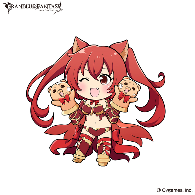 1girl animal_ears bangs blush breasts cerberus_(shingeki_no_bahamut) chibi dog_ears elbow_gloves fang gauntlets gloves granblue_fantasy hand_puppet long_hair medium_breasts navel official_art one_eye_closed open_mouth panties puppet red_eyes redhead ribbon side-tie_panties smile solo thigh-highs twintails underwear very_long_hair