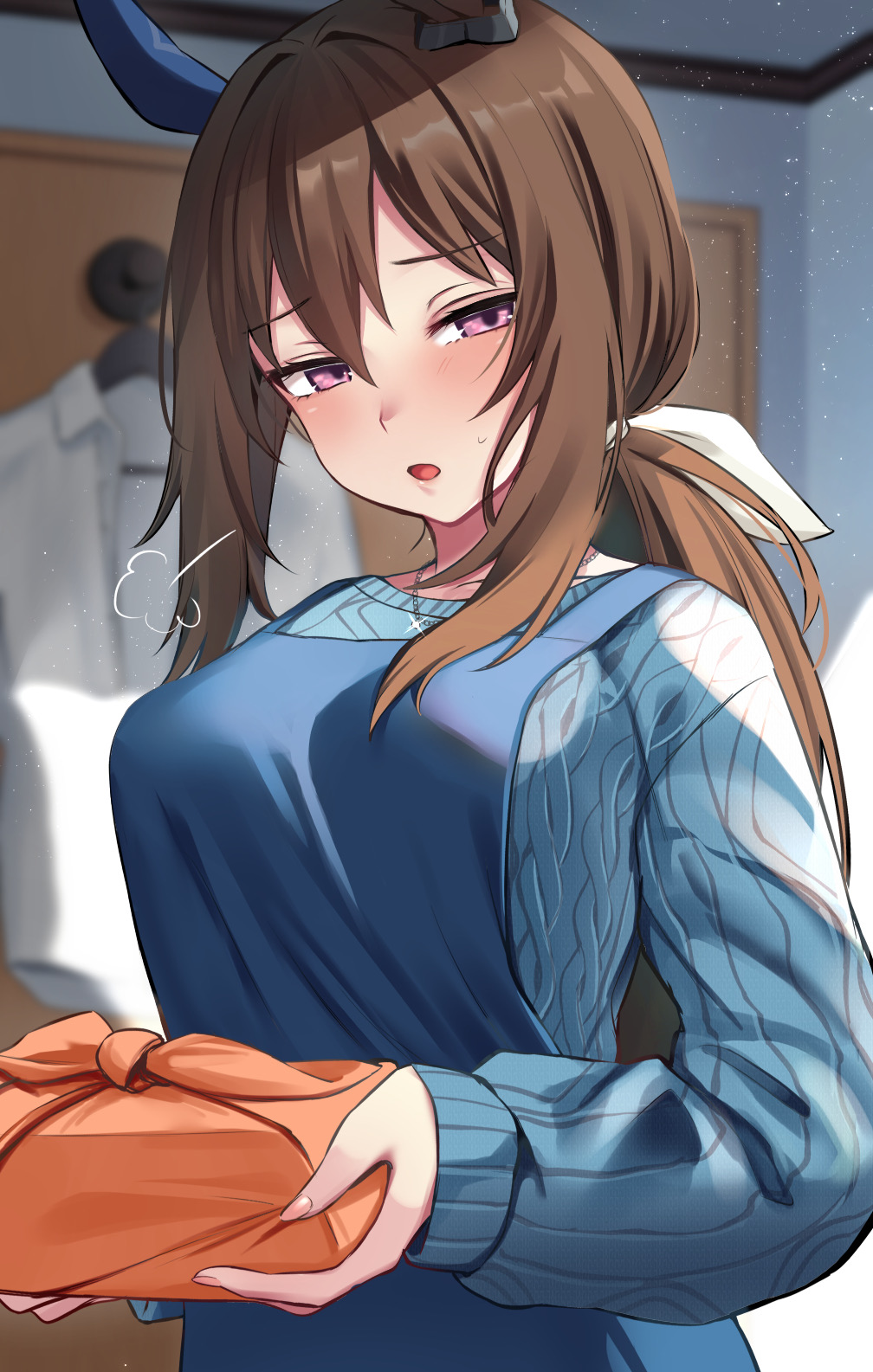 1girl =3 admire_vega_(umamusume) animal_ears apron aran_sweater az_nyam bangs blue_apron blue_sweater blurry blurry_background blush box breasts clothes_hanger commentary_request furoshiki hair_intakes half-closed_eyes highres holding holding_box horse_ears indoors large_breasts long_hair long_sleeves looking_at_viewer lunchbox open_mouth pink_eyes ponytail shirt sidelocks sleeves_past_wrists solo sweatdrop sweater umamusume upper_body white_shirt