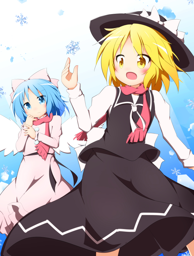 2girls black_headwear black_sash black_skirt black_vest blonde_hair blue_eyes blue_hair blush bow collared_vest dress eyebrows_visible_through_hair feathered_wings fedora frilled_dress frilled_sleeves frills hair_bow hat hat_bow long_skirt long_sleeves mai_(touhou) multiple_girls open_mouth pink_bow pink_dress pink_scarf ribbon sash scarf senba_chidori shirt short_hair skirt snowflakes touhou touhou_(pc-98) vest white_bow white_ribbon white_shirt white_wings wings winter_clothes yellow_eyes yuki_(touhou)