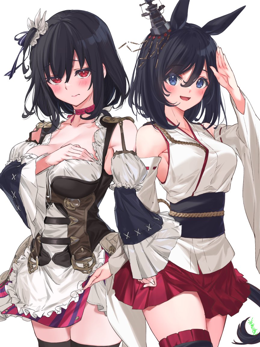 2girls animal_ears black_hair black_legwear blouse blue_eyes breasts commentary_request common_race_outfit_(umamusume) cosplay costume_switch cowboy_shot crossover detached_sleeves dirndl dress eishin_flash_(umamusume) eishin_flash_(umamusume)_(cosplay) german_clothes hair_ornament horse_ears horse_girl horse_tail kantai_collection large_breasts look-alike multiple_girls pleated_dress red_eyes red_skirt short_hair simple_background skirt tail thigh-highs umamusume white_background white_blouse wide_sleeves yamashiro_(kancolle) yamashiro_(kancolle)_(cosplay) youmou_usagi