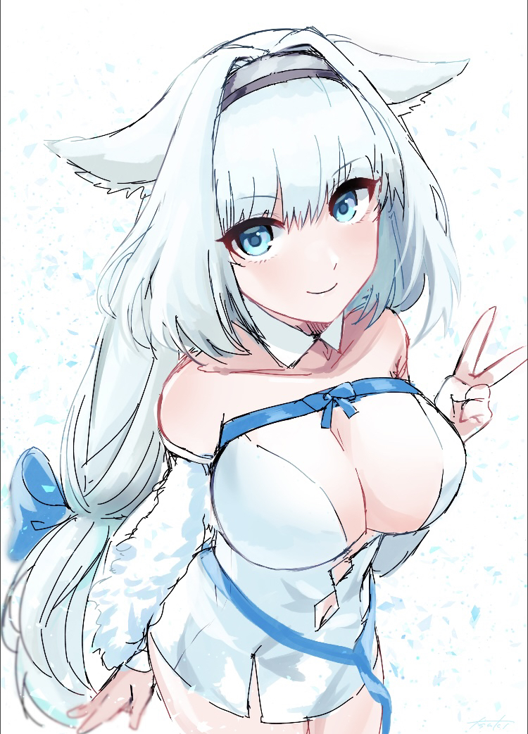 1girl animal_ears armored_boots bangs blue_bow blue_eyes blue_ribbon blush boots bow breasts brown_legwear buttons cape capelet cat_ears cat_girl cat_tail crop_top crop_top_overhang dobrynya_nikitich_(fate) dress fate/grand_order fate_(series) fur-trimmed_capelet fur-trimmed_headwear fur_trim gauntlets grey_dress hair_bow highres knee_boots large_breasts long_hair long_sleeves looking_at_viewer low_ponytail mace medium_breasts pantyhose ribbon short_dress smile solo tail thighs tsu_ki2_ v weapon white_cape white_capelet white_hair white_headwear