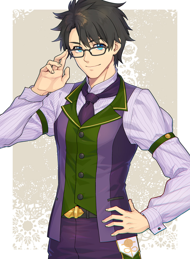 1boy armband atlas_academy_uniform bangs black_hair blue_eyes blue_necktie commentary_request eyebrows_visible_through_hair fate/grand_order fate_(series) fujimaru_ritsuka_(male) glasses long_sleeves looking_at_viewer necktie short_hair smile vest waistcoat zanshi