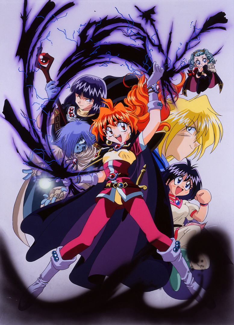 1990s_(style) 3boys 3girls amelia_wil_tesla_seyruun araizumi_rui arm_up armor bangs black_hair blonde_hair blue_eyes blue_hair blue_skin boots cape chibi choker colored_skin dagger drill_hair earrings energy_ball fingerless_gloves floating_hair gloves gourry_gabriev green_hair hair_over_one_eye headband holding holding_staff jewelry knee_boots knife lina_inverse long_hair magic martina_zoana_mel_navratilova multiple_boys multiple_girls non-web_source official_art one_eye_closed open_mouth pauldrons pink_choker pointy_ears profile purple_hair red_eyes redhead retro_artstyle sheath sheathed short_hair shoulder_armor slayers slayers_next smile special_moves staff violet_eyes weapon wristband xelloss zelgadiss_graywords