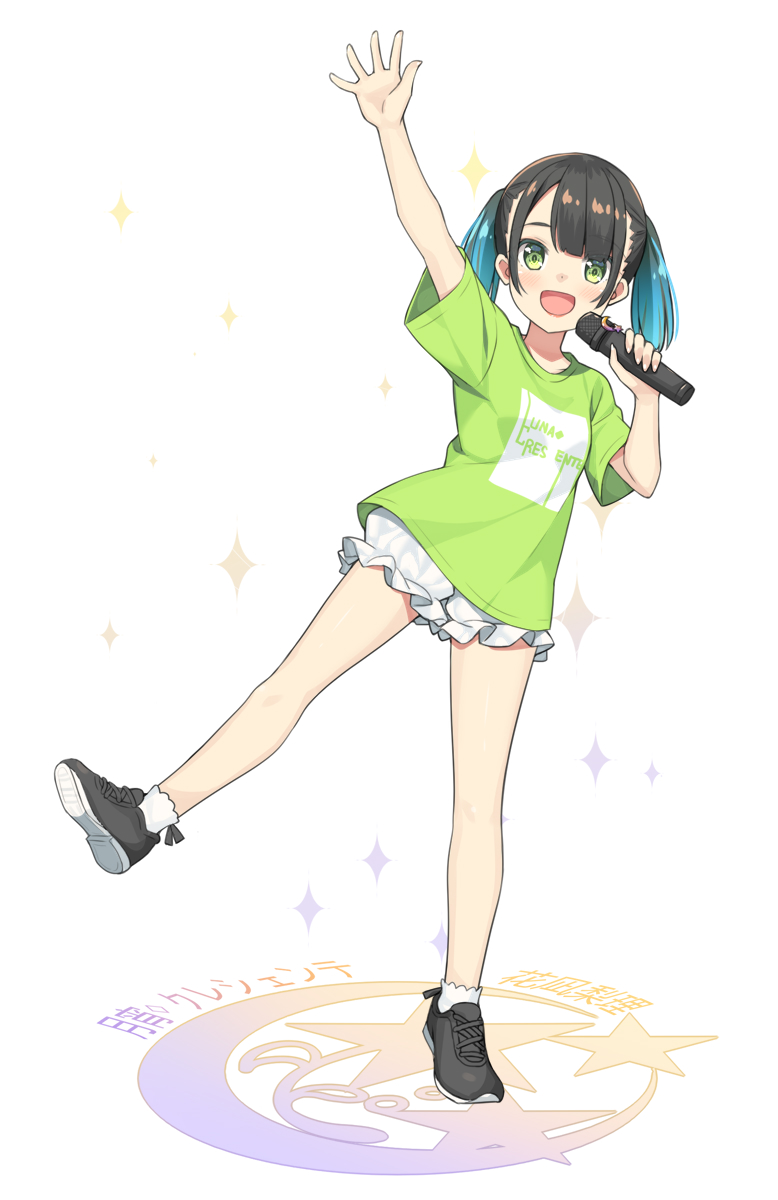 1girl :d arm_up bangs black_footwear black_hair bloomers blue_hair breasts clothes_writing commentary_request eyebrows_visible_through_hair full_body green_eyes green_shirt hatsunatsu highres holding holding_microphone looking_at_viewer microphone multicolored_hair original shirt shoe_soles shoes short_sleeves small_breasts smile socks solo sparkle standing standing_on_one_leg streaked_hair underwear white_bloomers white_legwear