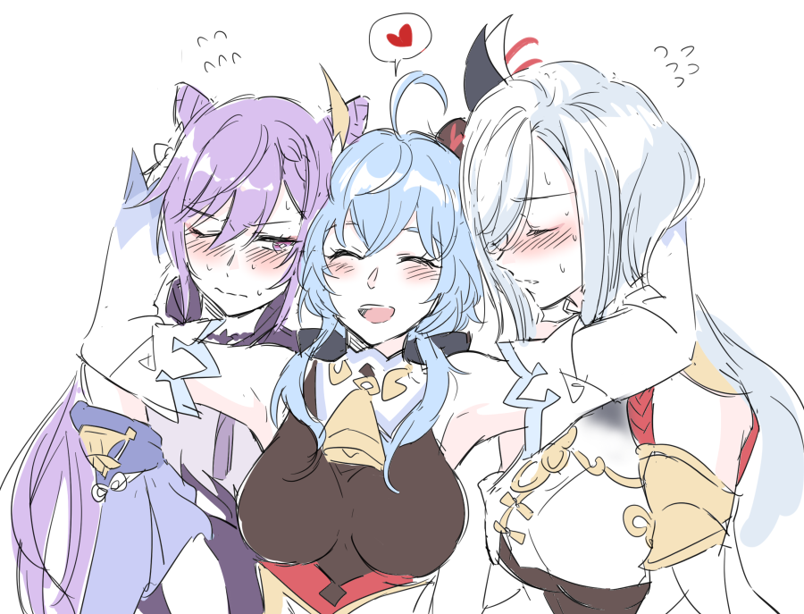 3girls :d ^_^ ahoge armpits bell blush breasts closed_eyes closed_mouth cowbell detached_sleeves ganyu_(genshin_impact) genshin_impact goat_horns hair_cones horns keqing_(genshin_impact) long_hair looking_at_another medium_breasts multiple_girls negom one_eye_closed purple_hair shenhe_(genshin_impact) simple_background sketch smile twintails violet_eyes white_background white_hair yuri
