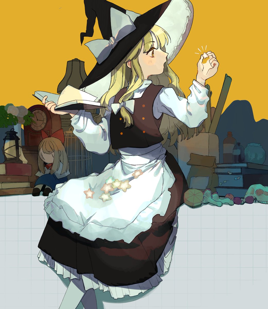1girl apron bag bangs black_dress black_eyes black_headwear blonde_hair blue_dress blush book bottle bow bowtie brown_footwear brown_hair buttons cage clock doll dress eyebrows_visible_through_hair flower food frills fruit grey_bow grey_legwear hair_bow hat hat_bow highres kirisame_marisa kyomunohi lamp leaf lemon light light_brown_hair long_hair long_sleeves looking_to_the_side mushroom no_mouth open_book open_mouth orange_background orange_eyes orange_flower orange_rose package pantyhose pink_flower pink_rose puffy_long_sleeves puffy_sleeves purple_flower purple_rose red_bow red_bowtie rose ruler shadow shanghai_doll shirt shoes sitting solo star_(symbol) sweets table touhou vase white_apron white_bow white_shirt witch_hat
