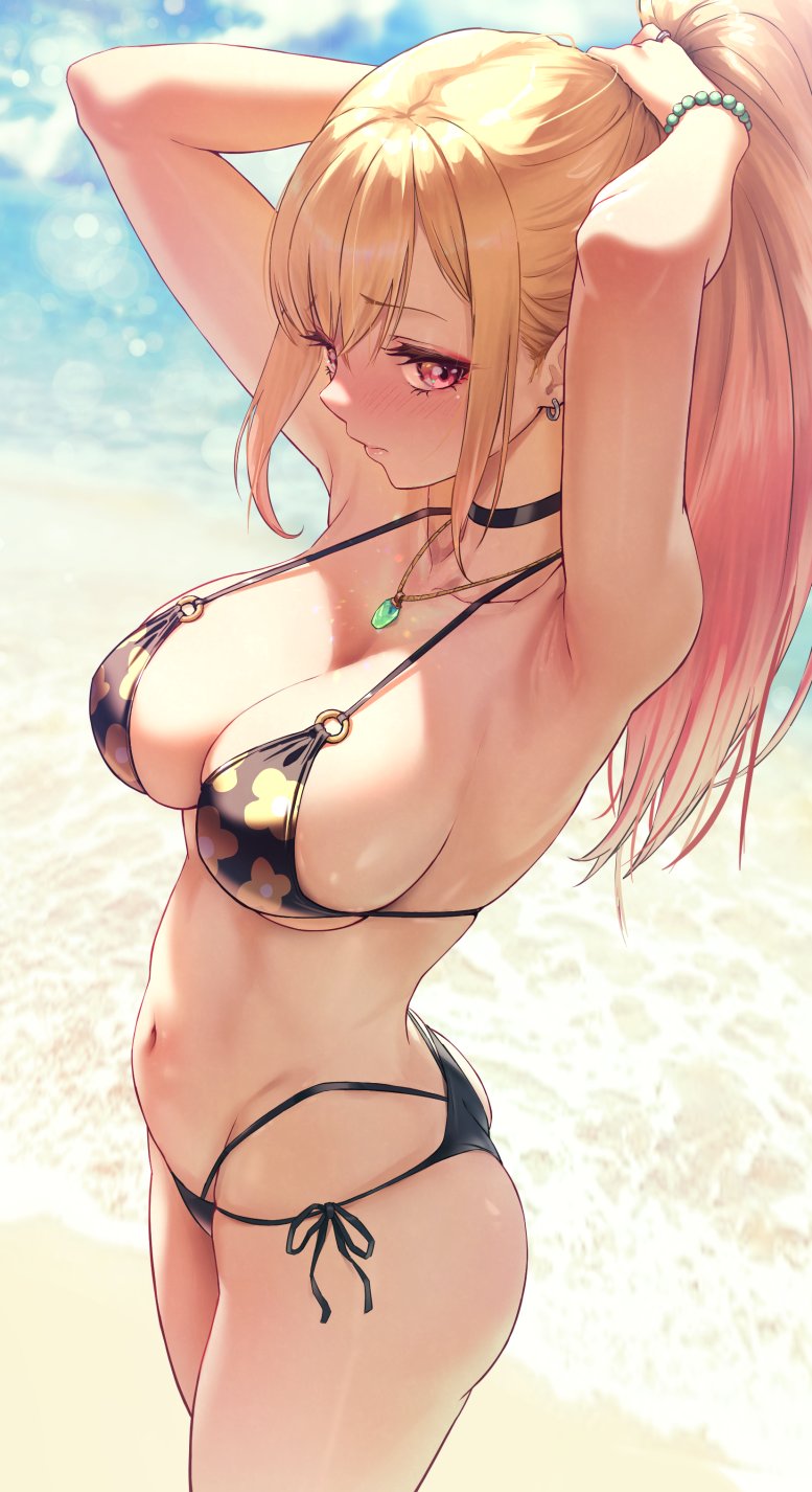 1girl adjusting_hair beach bead_bracelet beads bikini black_bikini black_choker blonde_hair blush bracelet breasts choker closed_mouth collarbone eyebrows_visible_through_hair floral_print highres jewelry kitagawa_marin large_breasts long_hair looking_at_viewer navel necktie ponytail red_eyes side-tie_bikini solar_(happymonk) solo sono_bisque_doll_wa_koi_wo_suru swimsuit thighs