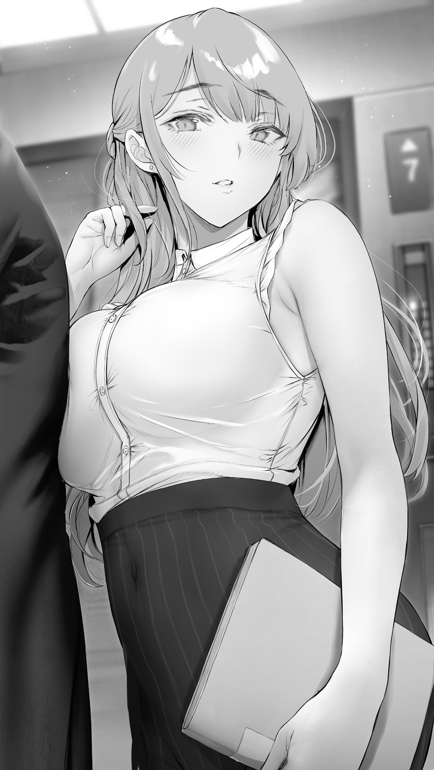 1boy breast_press breasts collared_shirt elevator eyebrows_visible_through_hair gentsuki greyscale hand_in_hair high-waist_skirt highres holding large_breasts long_hair long_skirt looking_at_viewer monochrome office_lady original parted_lips shirt skirt sleeveless sleeveless_shirt