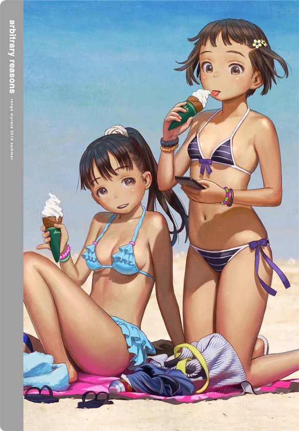 2girls arm_support artist_name bangs beach bikini black_hair blue_background blue_bikini bow bracelet breasts brown_eyes brown_hair cellphone cover cover_page cropped dated day facing_viewer flower food foot_out_of_frame frilled_bikini frills hair_flower hair_ornament hair_scrunchie hand_up holding holding_food holding_phone ice_cream ice_cream_cone jewelry kneeling licking looking_at_another looking_at_object medium_breasts multiple_girls murata_range navel open_mouth original outdoors phone ponytail purple_bikini purple_bow sandals sandals_removed scrunchie short_bangs short_hair sitting small_breasts smartphone smile striped striped_bikini swimsuit tongue tongue_out towel white_scrunchie