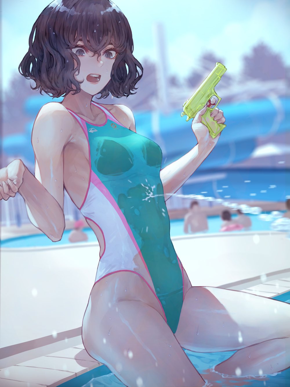1girl bangs black_eyes black_hair breasts competition_swimsuit green_swimsuit highres holding holding_water_gun kaoming nanjou_ao navel one-piece_swimsuit open_mouth original poolside see-through short_hair sitting solo_focus swimsuit teeth water water_gun