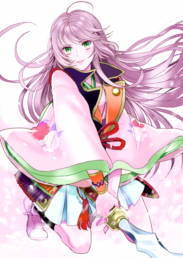 1girl cherry_blossoms floral_print full_body green_eyes harukanaru_toki_no_naka_de_3 holding holding_sword holding_weapon japanese_clothes jobo_(isi88) kasuga_nozomi kneeling lips long_hair long_sleeves looking_at_viewer parted_lips purple_hair shoes sneakers solo sword teeth weapon white_background white_footwear wide_sleeves