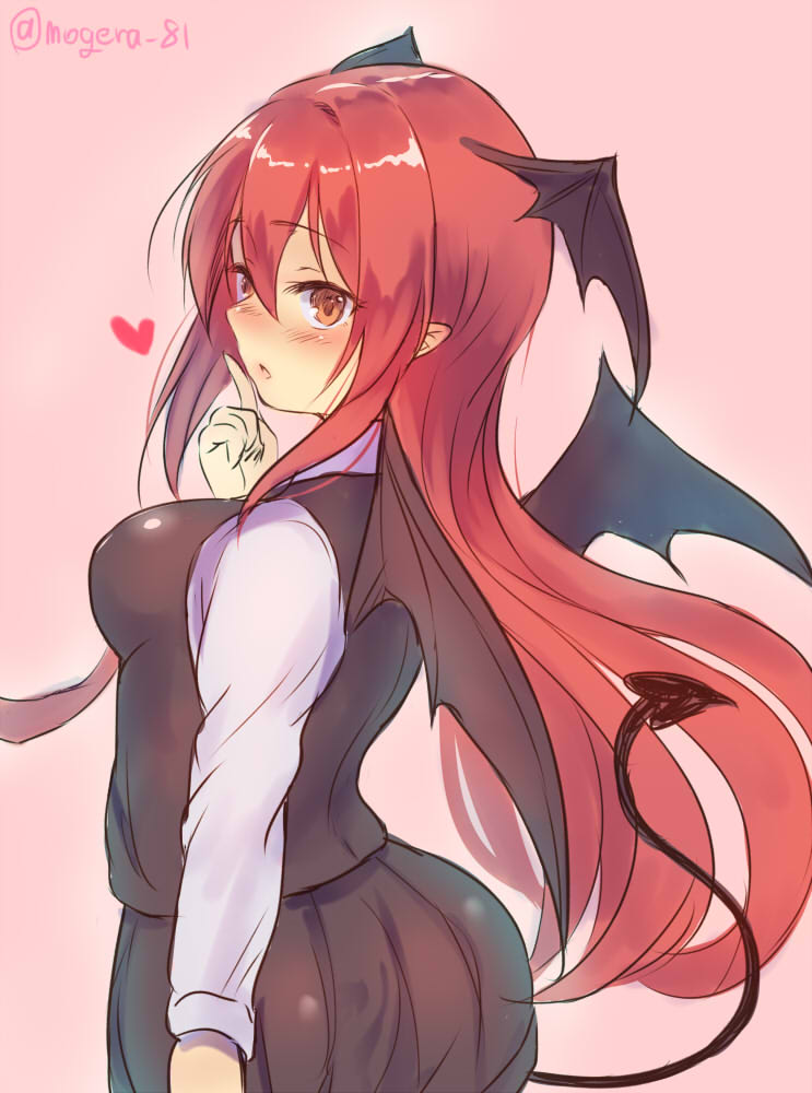 1girl artist_name ass bangs bat_wings black_skirt black_vest blush breasts cowboy_shot demon_tail eyebrows_visible_through_hair finger_to_mouth from_side hair_between_eyes hand_up head_wings heart index_finger_raised koakuma long_hair long_sleeves medium_breasts mogera81 necktie nose_blush parted_lips pink_background pleated_skirt profile red_eyes red_necktie redhead shirt sideboob simple_background skirt solo tail touhou very_long_hair vest white_shirt wing_collar wings