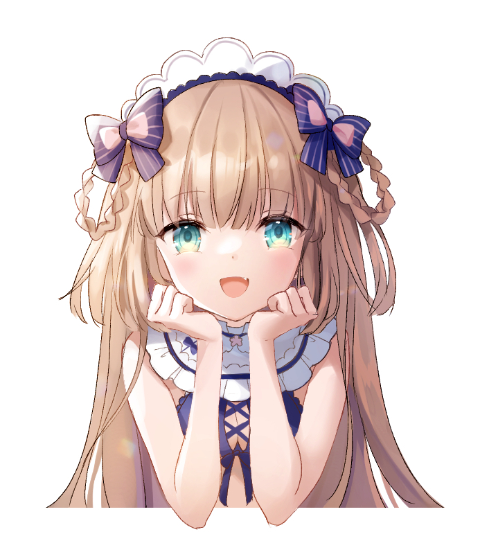1girl bangs bare_shoulders blush bow breasts brown_hair chocofox commentary_request eyebrows_visible_through_hair fang green_eyes hair_ornament indie_virtual_youtuber long_hair looking_at_viewer mochicomame open_mouth solo striped striped_bow virtual_youtuber