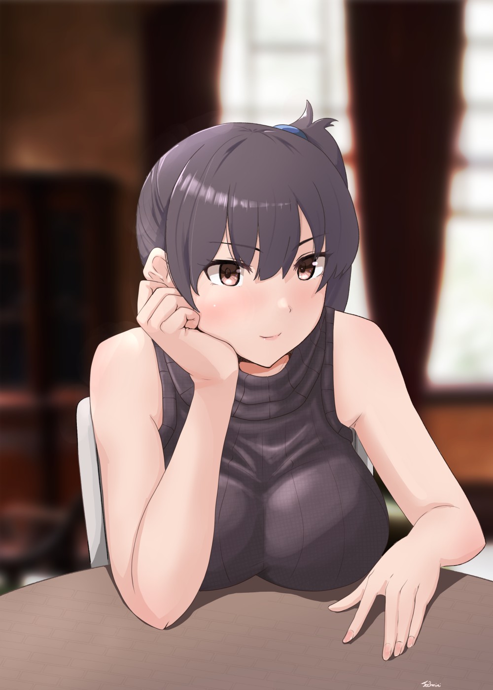 1girl alternate_costume black_sweater blurry blurry_background breast_rest breasts brown_eyes brown_hair commentary_request hand_on_own_face highres jouzaburou_(joe3) kaga_(kancolle) kantai_collection long_hair side_ponytail sleeveless sleeveless_sweater solo sweater table turtleneck upper_body window