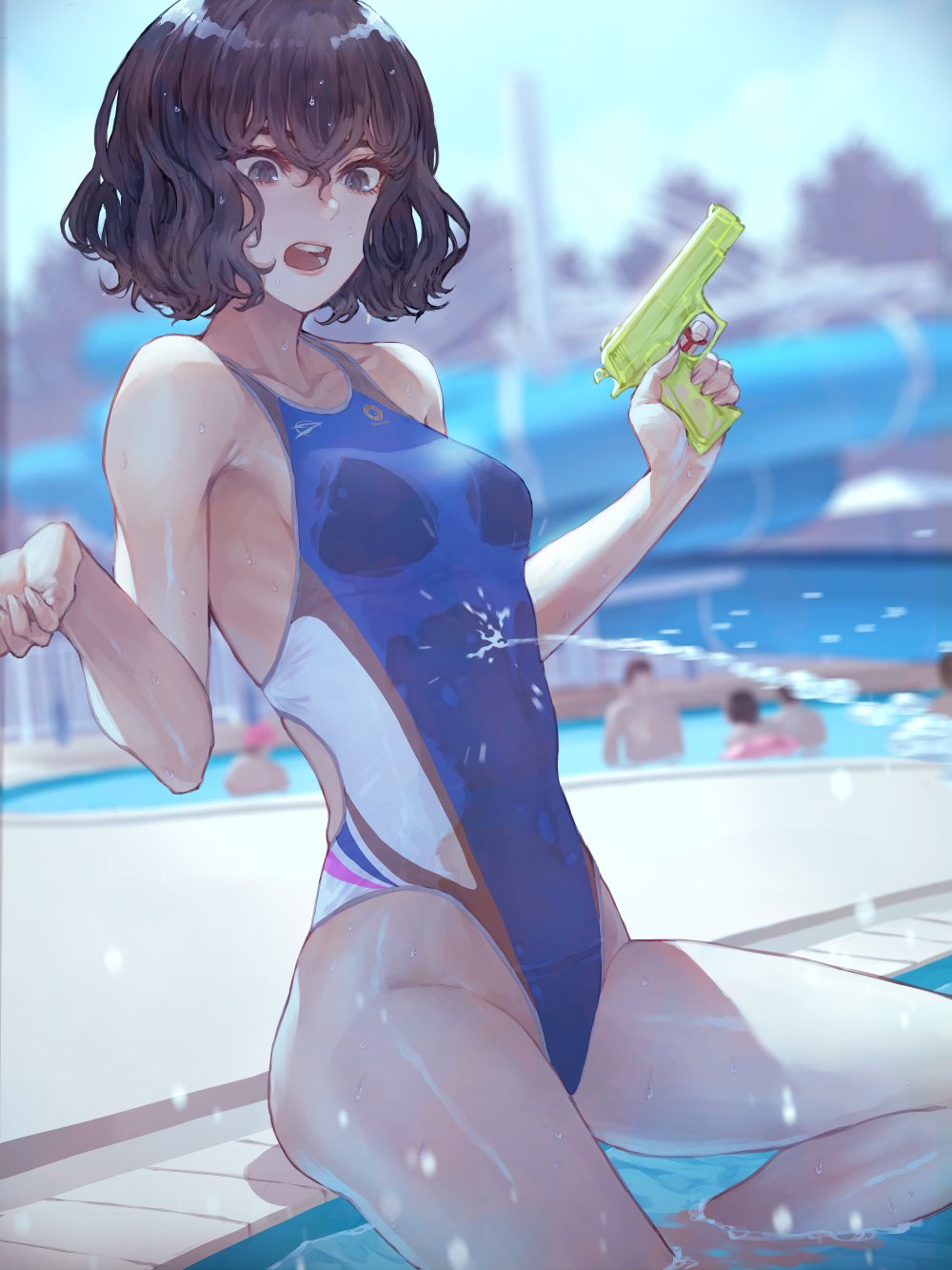 1girl bangs black_eyes black_hair blue_swimsuit breasts competition_swimsuit highres holding holding_water_gun kaoming nanjou_ao navel one-piece_swimsuit open_mouth original poolside see-through short_hair sitting solo_focus swimsuit teeth water water_gun