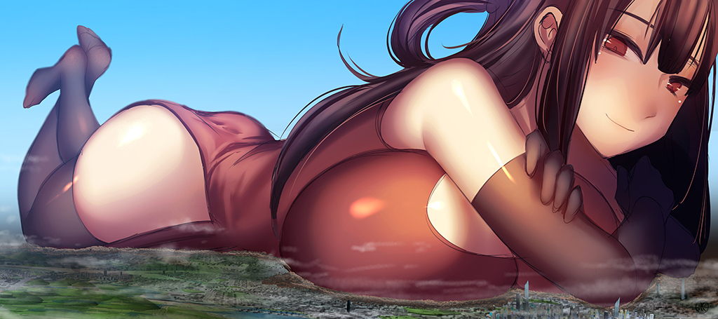 ass bikini breasts brown_hair city colored_skin copyright_request destruction giant giantess goddess large_breasts lying pixiv red_bikini red_eyes swimsuit white_skin