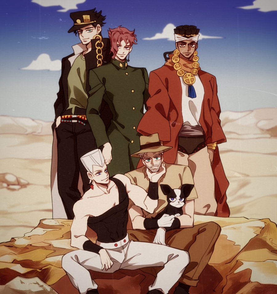 5boys beard black_hair boston_terrier brown_hair desert dog earrings facial_hair fedora grey_hair hat iggy_(jojo) jean_pierre_polnareff jewelry jojo_no_kimyou_na_bouken joseph_joestar joseph_joestar_(old) kakyoin_noriaki kujo_jotaro looking_at_viewer mohammed_avdol multiple_boys necklace pose redhead sempon_(doppio_note) smile stardust_crusaders