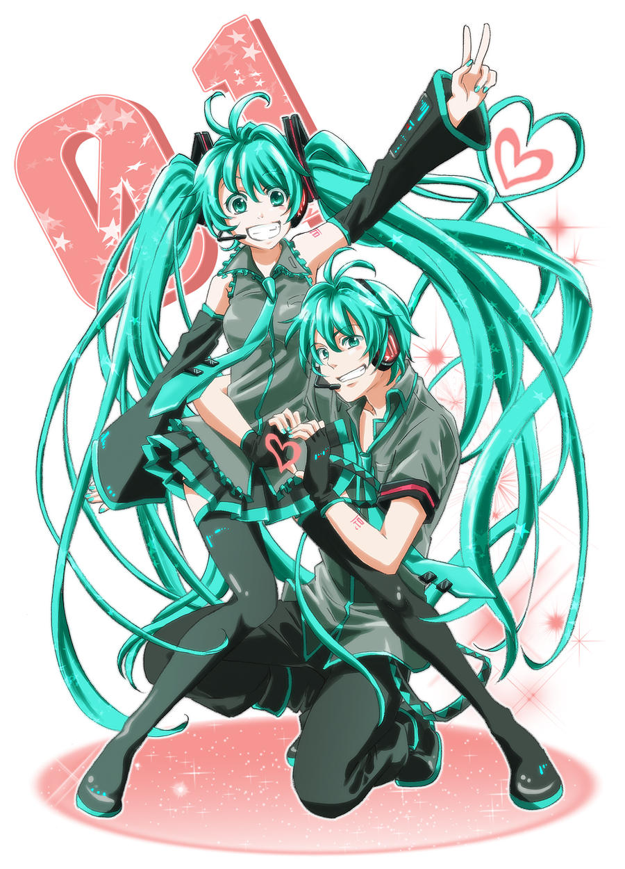 1boy brother_and_sister female hatsune_miku hatsune_mikuo male teal_hair vocaloid