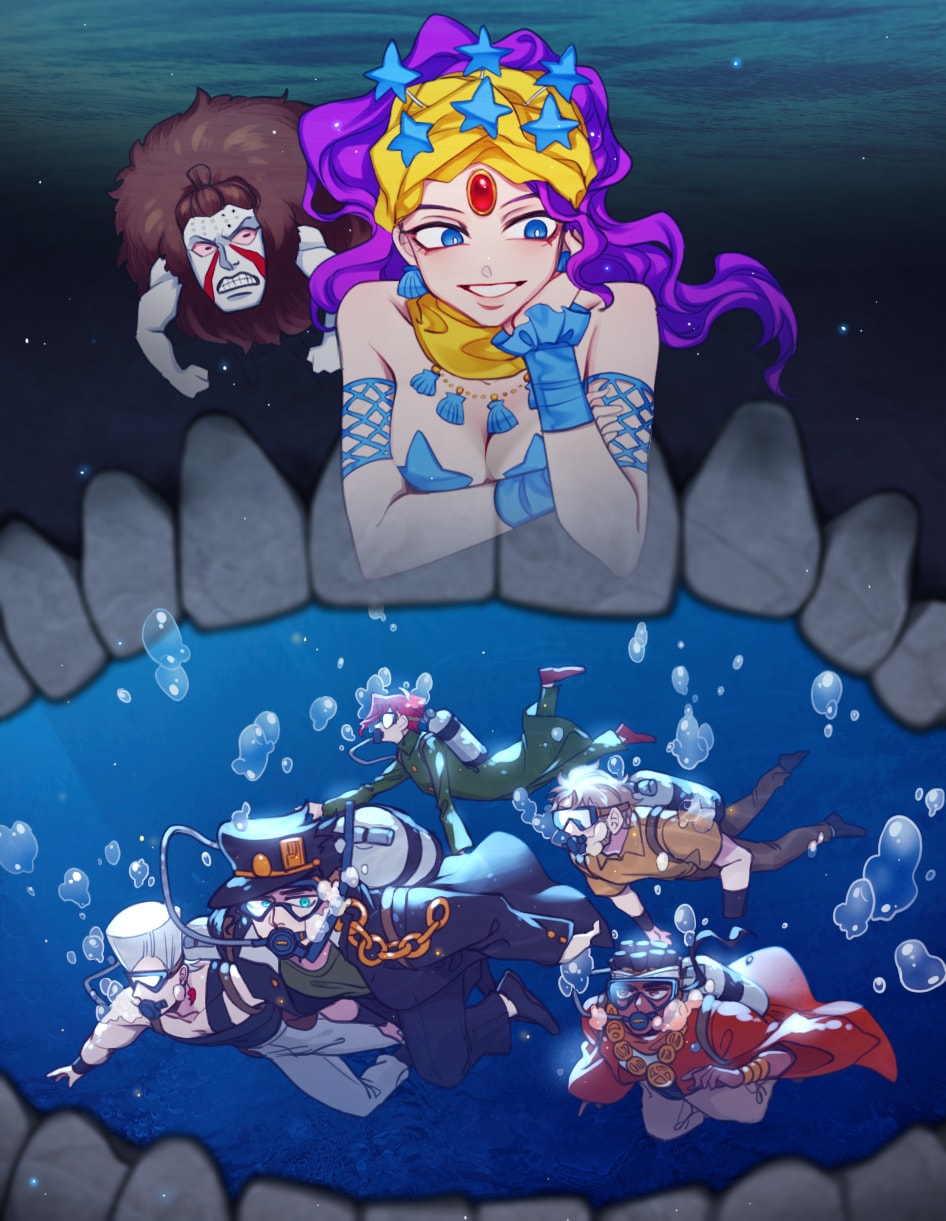 1girl 6+boys blue_eyes diving_mask diving_regulator flattop flippers forehead_jewel gakuran goggles grey_hair hat high_priestess_(stand) highres jean_pierre_polnareff jojo_no_kimyou_na_bouken joseph_joestar joseph_joestar_(old) kakyoin_noriaki kujo_jotaro long_coat midler mohammed_avdol multiple_boys oxygen_tank pasties purple_hair school_uniform scuba scuba_gear scuba_tank sempon_(doppio_note) star_pasties stardust_crusaders teeth underwater water