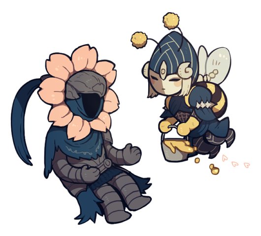 1boy 1girl armor artorias_the_abysswalker bee_costume cape chibi dark_souls_(series) dark_souls_i donar0217 flower_costume honey insect_wings lord's_blade_ciaran mask petals torn_cape torn_clothes wings