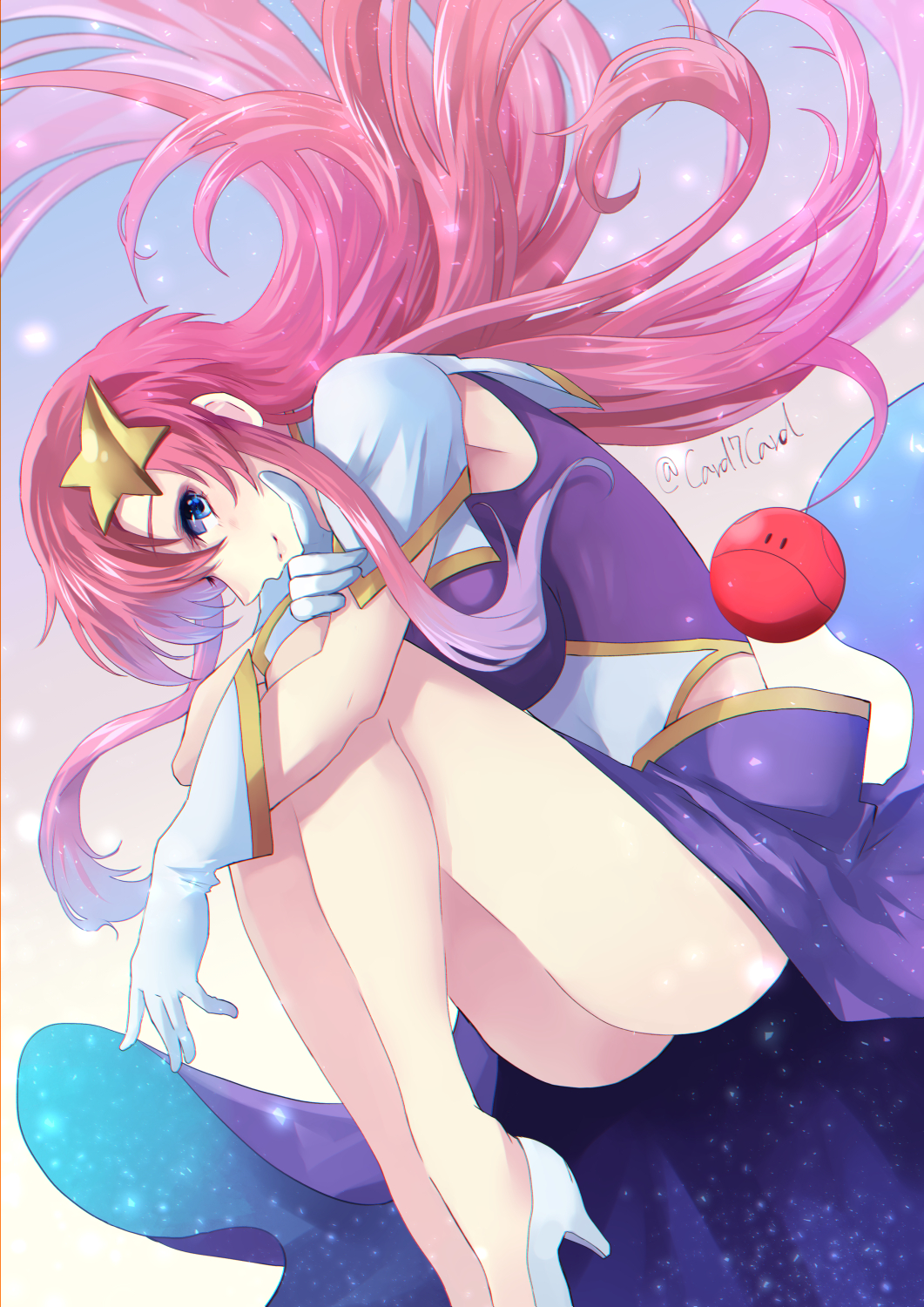 1girl bangs bare_legs blue_eyes capelet closed_mouth crossed_arms fetal_position floating_hair gloves gundam gundam_seed gundam_seed_destiny hair_between_eyes hair_ornament haro high_heels highres hugging_own_legs long_hair looking_at_viewer looking_to_the_side meer_campbell pink_hair pumps purple_skirt shiny shiny_hair skirt smile solo star_(symbol) star_hair_ornament twitter_username very_long_hair white_capelet white_footwear white_gloves yuuka_seisen