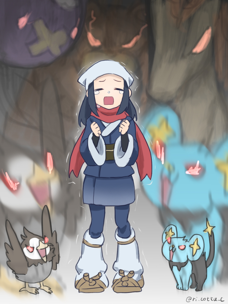 1girl akari_(pokemon) alpha_pokemon black_hair crying drifblim glowing glowing_eyes head_scarf loose_socks open_mouth pokemon pokemon_(game) pokemon_legends:_arceus rapidash red_scarf ri_cotta_c roaring scarf shinx standing starly tears trembling ursaring white_headwear