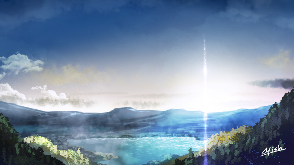artist_name blue_sky clouds commentary_request day diffraction_spikes forest gradient_sky lake mountainous_horizon nature original outdoors scenery signature sky sunrise tree waisshu_(sougyokyuu) water