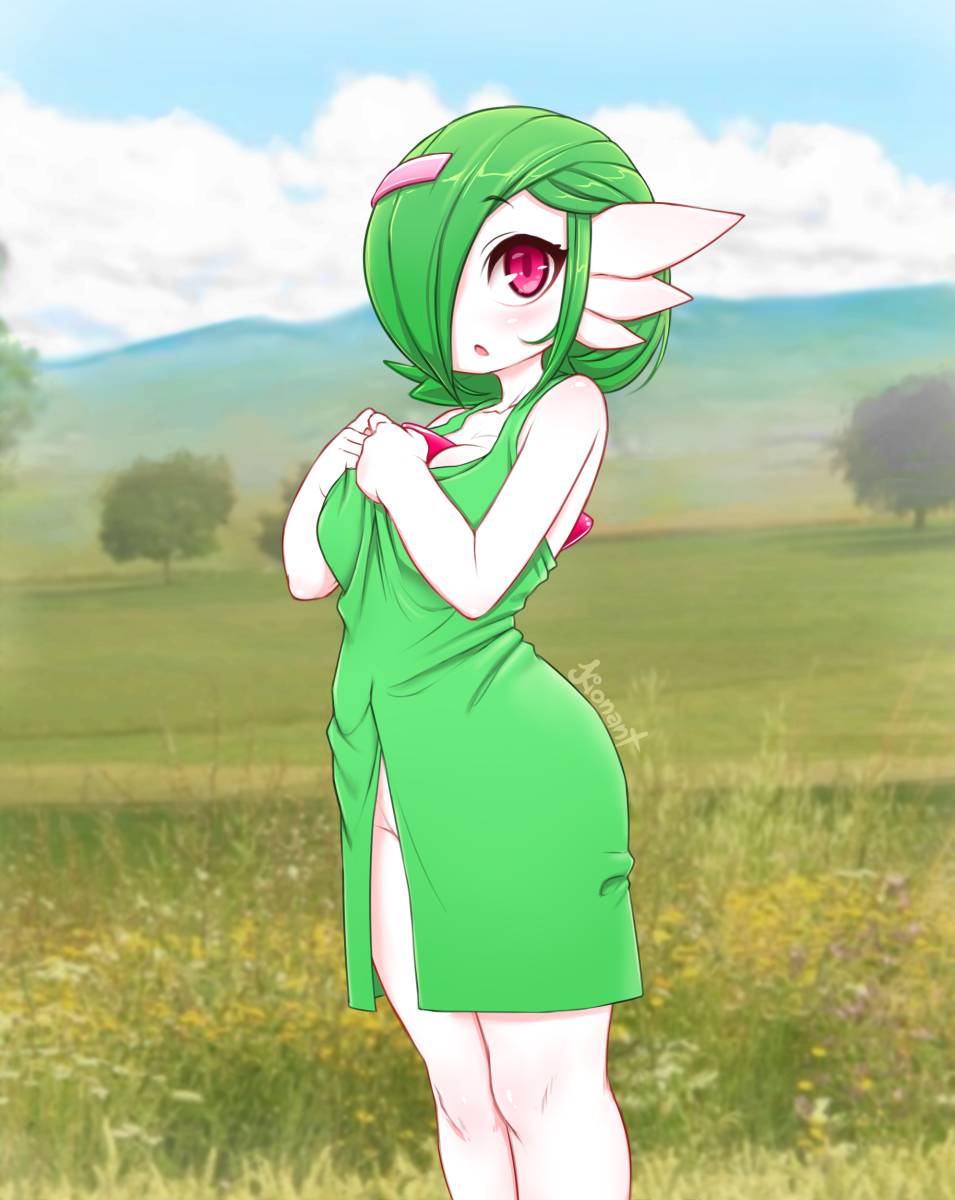 1girl :o bare_shoulders blush bob_cut breasts day dress eyebrows eyebrows_visible_through_hair eyelashes feet_out_of_frame from_side gardevoir green_dress green_hair hair_ornament hair_over_one_eye hairclip hands_up highres hips kionant looking_at_viewer medium_breasts medium_hair no_panties outdoors parted_lips photo_background pokemon pokemon_(creature) red_eyes signature solo standing thick_thighs thighs white_skin wide_hips