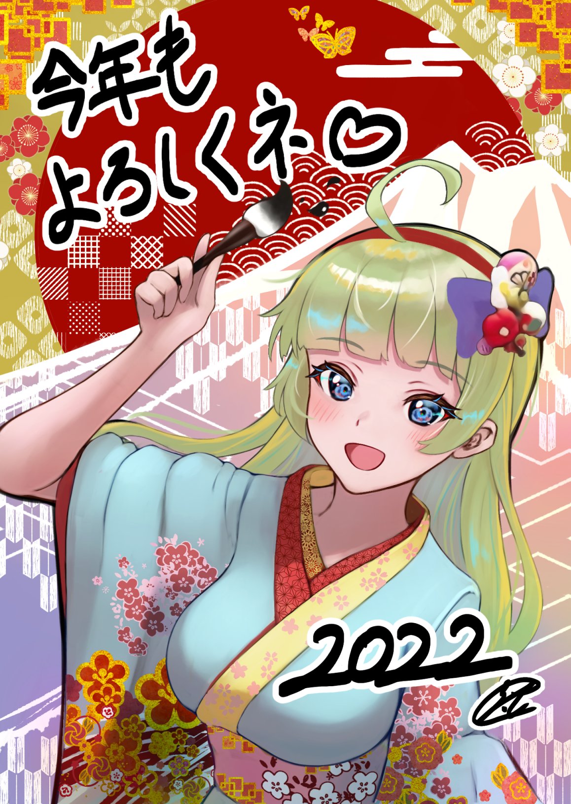 1girl 2022 bangs blue_eyes c_(theta) calligraphy_brush character_request green_hair hair_ornament hairband happy_new_year highres holding holding_brush idolmaster japanese_clothes kimono long_hair looking_at_viewer new_year open_mouth paintbrush smile solo upper_body