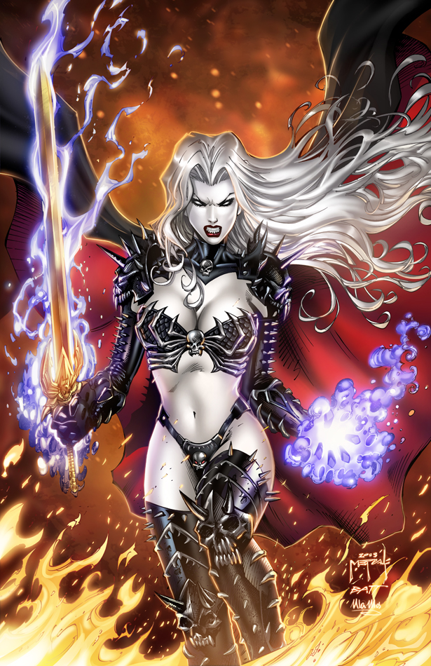 1girl armor armored_bikini armored_boots armored_gloves bikini black_bikini black_boots black_gloves black_shoulder_pads boots breasts exposed_breasts eyebrows eyes fire hair holding_sword holding_weapon lady_death long_hair magic sexy skull skulls spiked_armor spiked_bikini spiked_boots spiked_gloves sword thigh-highs thigh_boots thighs wavy_hair weapon white_hair white_skin