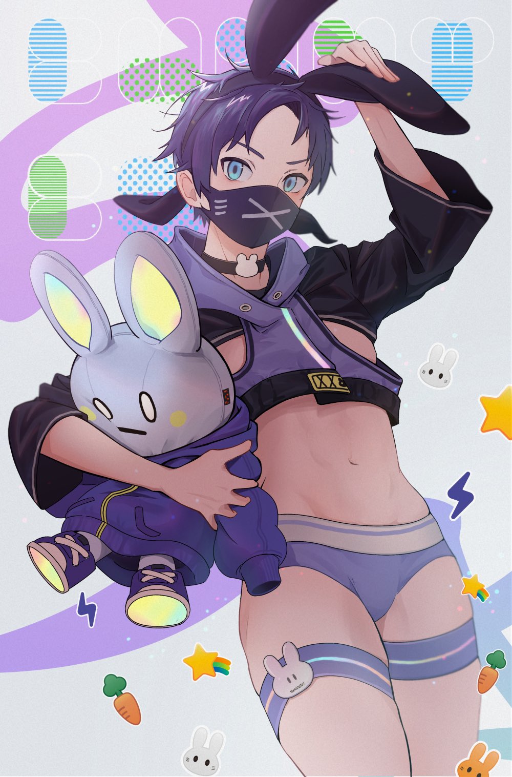 1boy animal_ears black_choker blue_eyes briefs chip_ice choker fake_animal_ears highres holding holding_stuffed_toy legband looking_at_viewer male_focus male_underwear mask mouth_mask navel original purple_hair purple_male_underwear rabbit_ears short_hair shrug_(clothing) solo stuffed_toy thick_thighs thighs underwear wide_sleeves