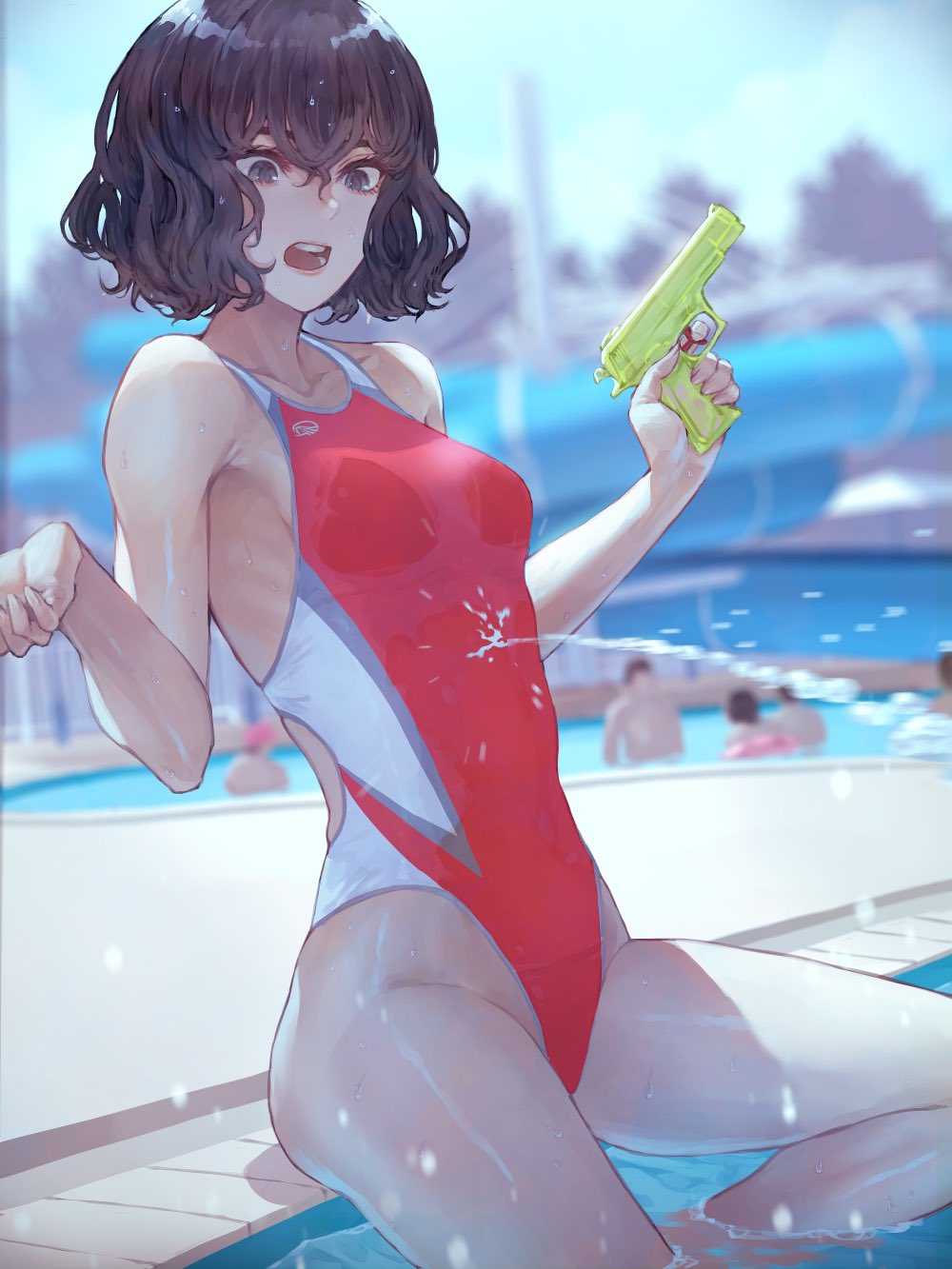 1girl bangs black_eyes black_hair breasts competition_swimsuit highres holding holding_water_gun kaoming nanjou_ao navel one-piece_swimsuit open_mouth original poolside red_swimsuit see-through short_hair sitting solo_focus swimsuit teeth water water_gun