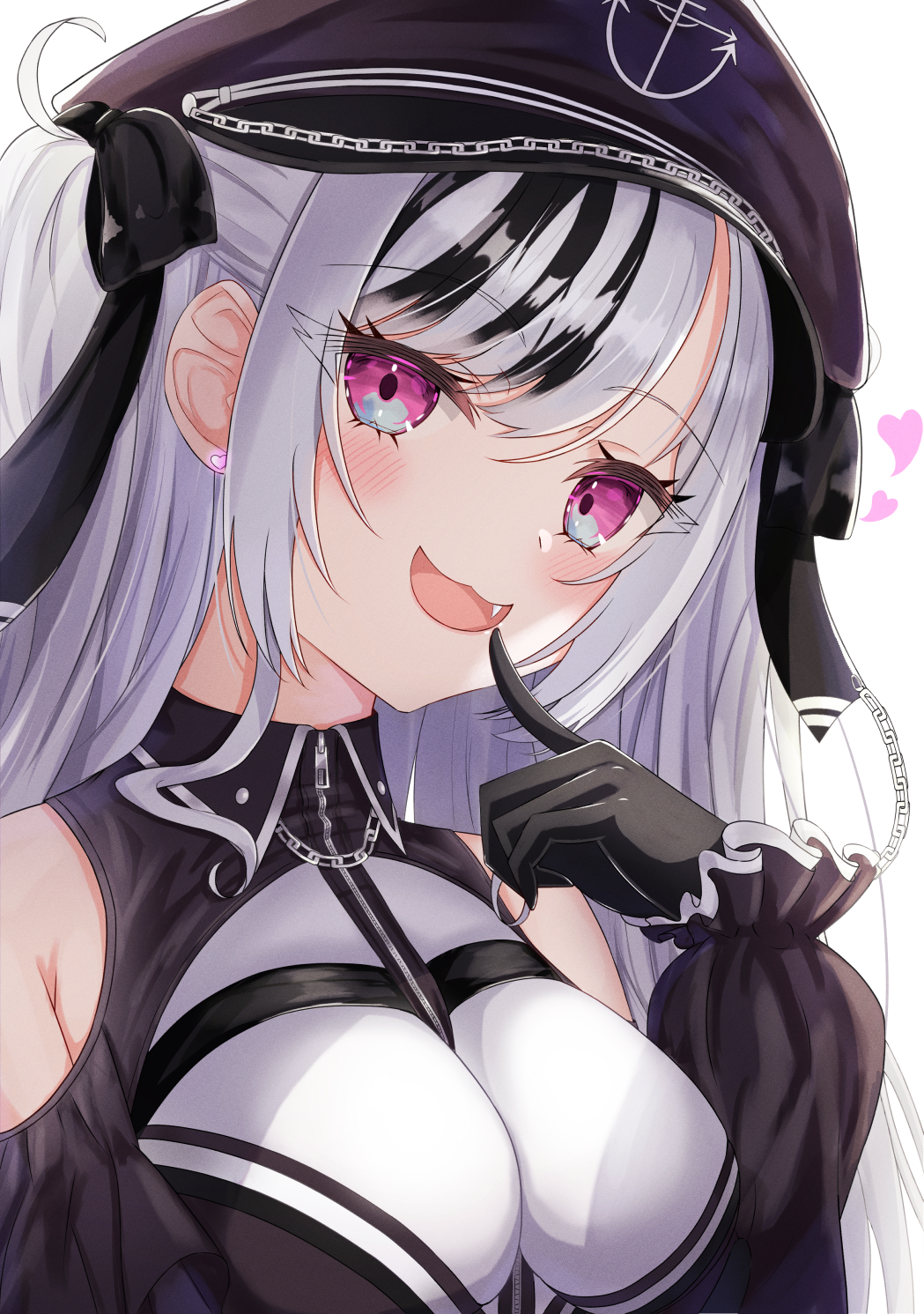 1girl azur_lane bare_shoulders between_breasts black_hair black_headwear black_ribbon breasts clothing_cutout elbe_(azur_lane) eyebrows_visible_through_hair fang finger_to_mouth hair_ribbon hat heart highres leotard light_purple_hair looking_at_viewer multicolored_hair peaked_cap rakuhinata ribbon shoulder_cutout simple_background solo strap_between_breasts streaked_hair two-tone_hair upper_body violet_eyes white_background white_leotard zipper zipper_pull_tab