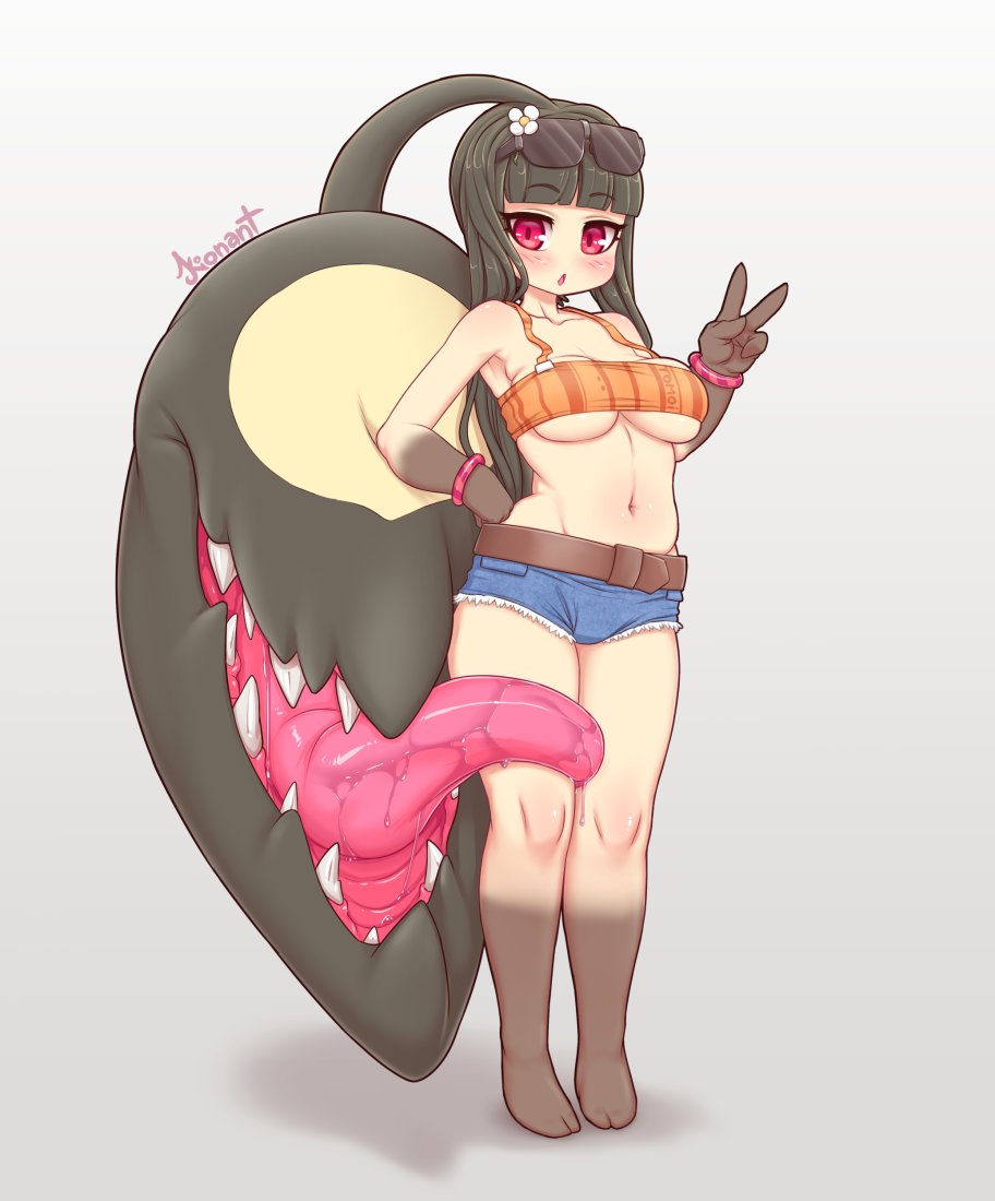 1girl bad_id bad_twitter_id bandeau bangs black_hair blue_shorts blunt_bangs blush breasts denim denim_shorts extra_mouth eyebrows_visible_through_hair fewer_digits full_body gradient_skin hand_on_hip humanization kionant long_hair looking_at_viewer mawile micro_shorts navel parted_lips pokemon pokemon_(creature) red_eyes saliva shorts solo strapless sunglasses tube_top under_boob v wristband