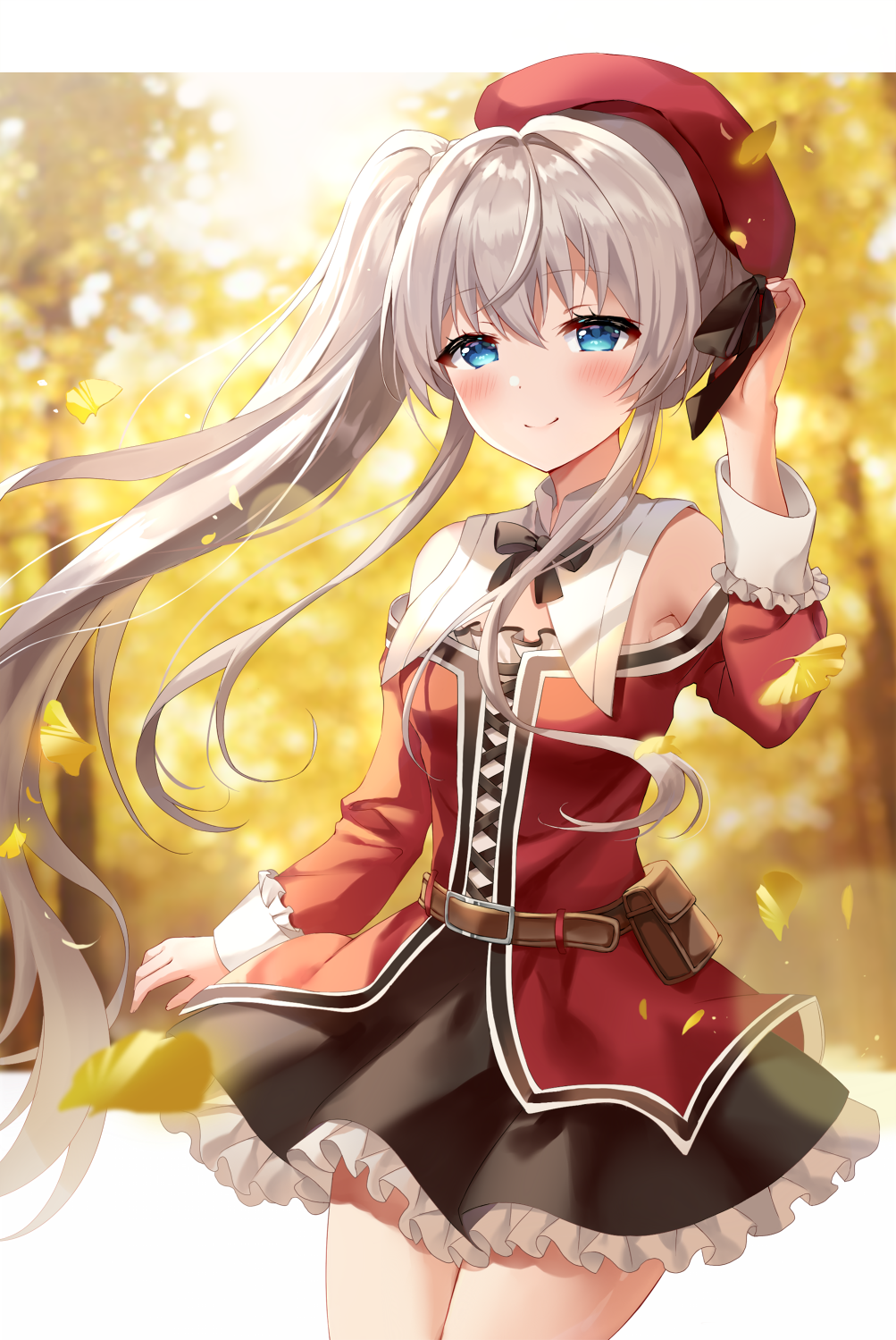 1girl autumn_leaves bangs bare_shoulders belt beret black_bow black_neckwear blue_eyes blurry blurry_background blush bow breasts celia_claire closed_mouth commentary_request cowboy_shot day depth_of_field dress eyebrows_visible_through_hair frilled_dress frilled_sleeves frills grey_hair hair_between_eyes hand_on_headwear hand_up hat hat_ribbon highres long_hair long_sleeves looking_at_viewer mayo_(miyusa) neck_ribbon one_side_up outdoors red_headwear ribbon seirei_gensouki short_dress small_breasts smile solo standing very_long_hair