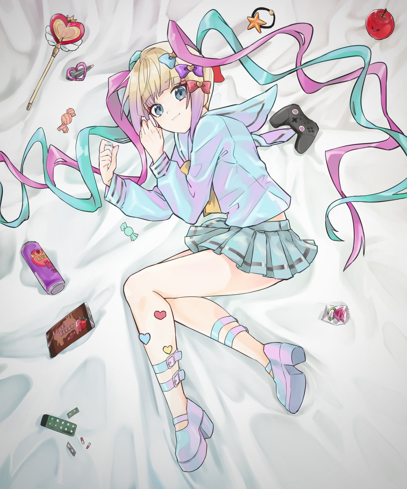 1girl ame-chan_(needy_girl_overdose) ameihitsuzi apple bangs bed_sheet blue_bow blue_hair blue_nails bow bracelet can candy candy_bar chouzetsusaikawa_tenshi-chan controller drill_hair energy_drink food fruit hair_bow heart highres holographic_clothing jewelry large_bow long_sleeves looking_at_viewer lying multicolored_hair nail_polish needy_girl_overdose pink_hair purple_bow red_bow sidelocks skirt soda_can solo star_(symbol) sticker strap thighs twintails wand white_hair yellow_bow