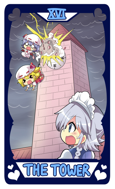 &gt;_&lt; 3girls bangs bat_wings blonde_hair blue_eyes blush colonel_aki commentary_request explosion falling flandre_scarlet izayoi_sakuya multiple_girls open_mouth remilia_scarlet roman_numeral siblings silver_hair sisters standing the_tower_(tarot) touhou wings