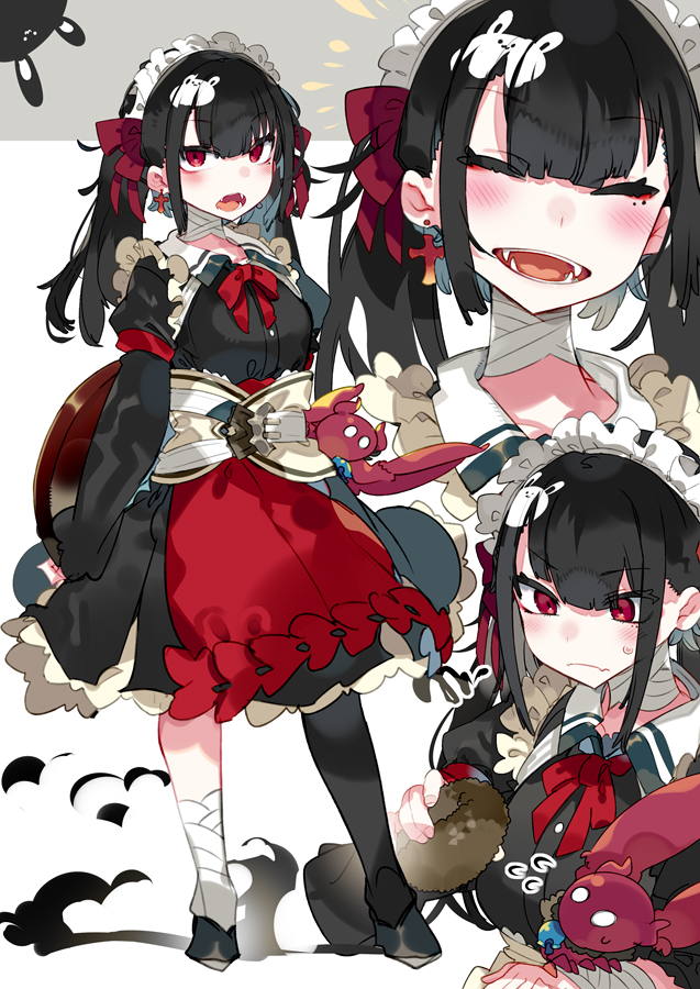 1girl apron bandages bangs black_dress black_hair black_legwear blunt_bangs blush bow breasts closed_eyes closed_mouth dress earrings expressions eyebrows_visible_through_hair fangs frilled_dress frills hair_bow holding jewelry karei laughing long_hair long_sleeves looking_at_object looking_at_viewer maid maid_apron maid_headdress medium_breasts mole mole_under_eye multiple_views neck_ribbon open_mouth original red_apron red_bow red_eyes red_ribbon ribbon sidelocks sleeves_past_wrists smile standing sweatdrop virtual_youtuber