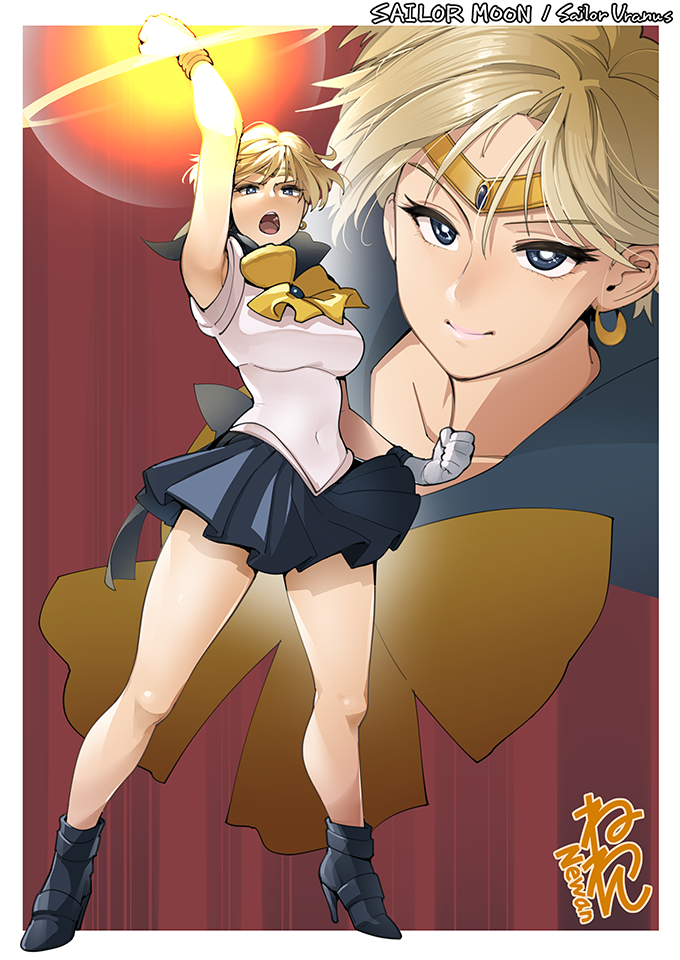 1girl arm_up armpits artist_name bangs bishoujo_senshi_sailor_moon blonde_hair blue_eyes boots border breasts character_name clenched_hands closed_mouth collarbone commentary covered_navel earrings eyebrows eyelashes forehead frilled_skirt frills full_body glowing high_heel_boots high_heels jewelry legs_apart looking_at_viewer neone open_mouth pose sailor_senshi_uniform sailor_uranus short_hair skirt smile solo standing teeth ten'ou_haruka thighs tiara upper_teeth white_border